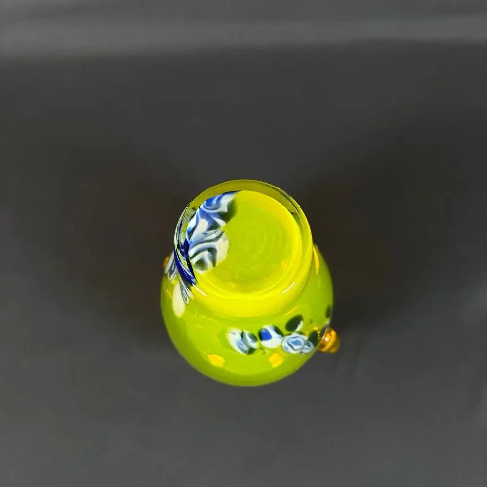 Hand Blown Art Glass Vase Yellow Handles Murano style vintage 7in